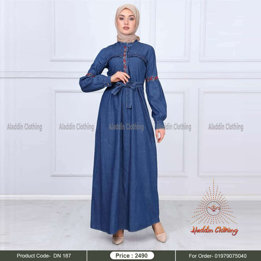 Denim abaya with frill and embroidery work