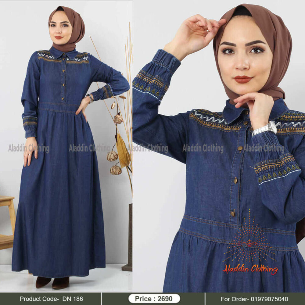 Denim abaya with metal button and embroidery work