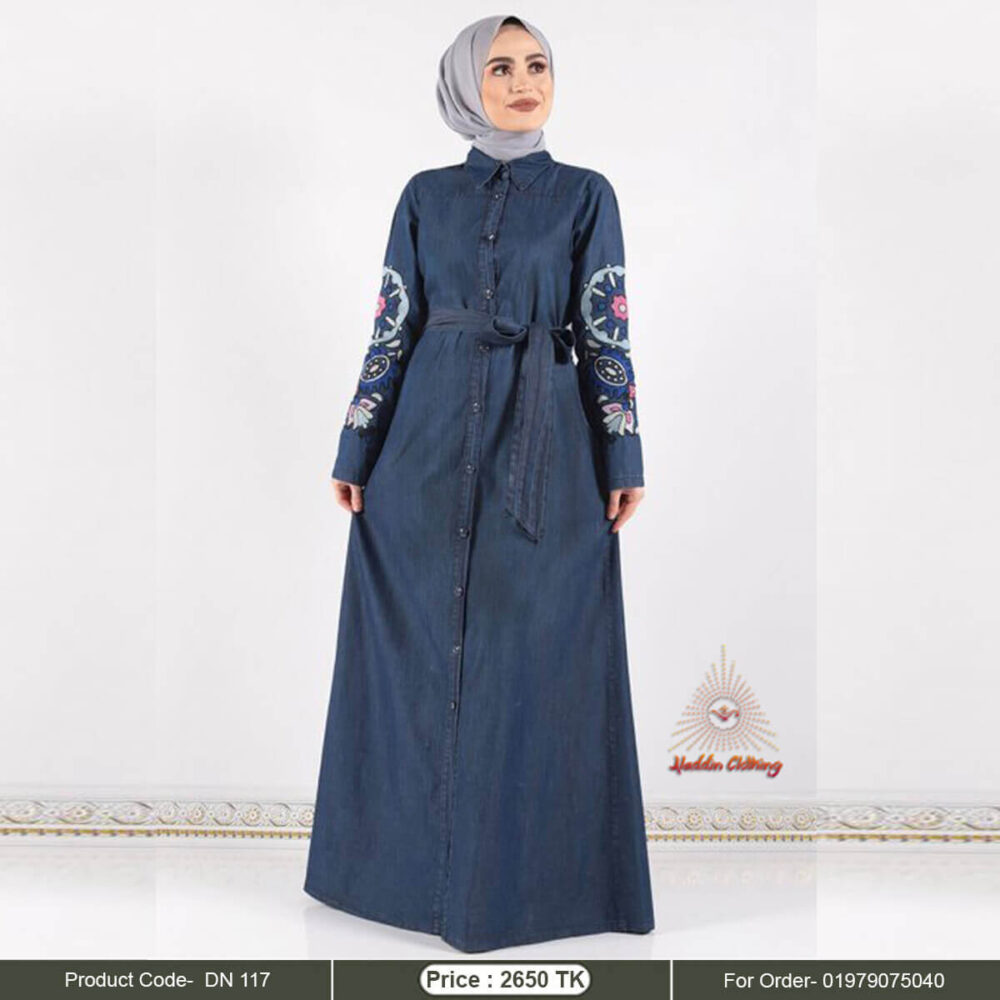 Denim embroidered abaya with belt