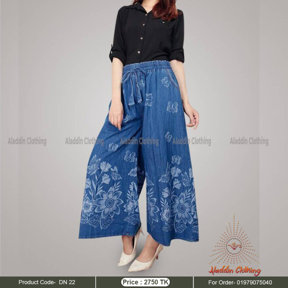 Denim modest pant with heavy embroidery wok