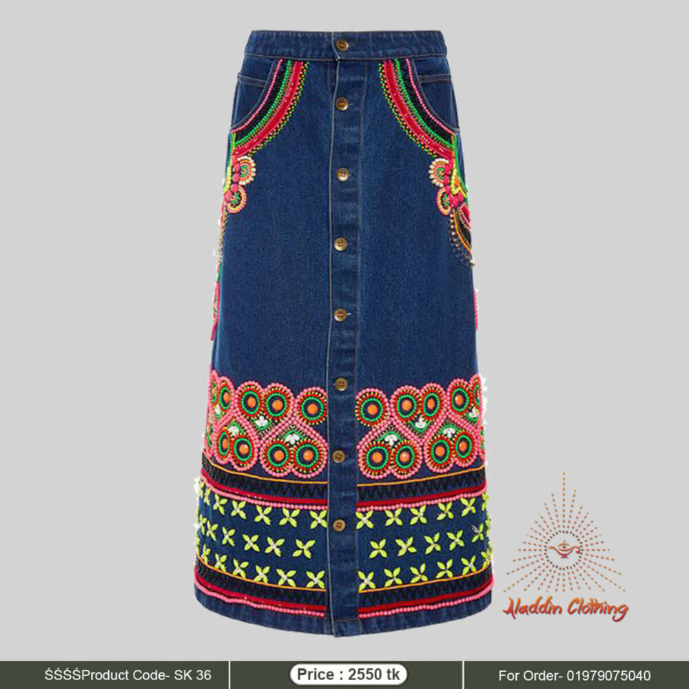 Heavy embroidered denim modest skirt