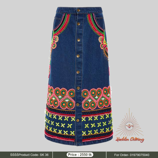 Heavy embroidered denim modest skirt