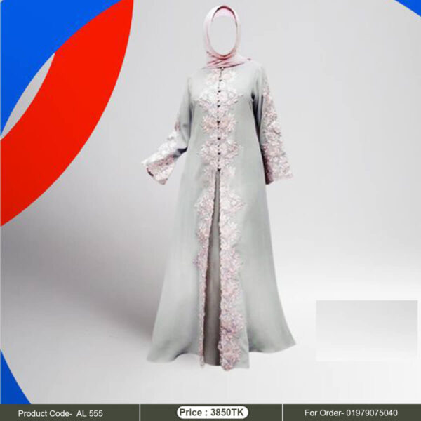 Light ash color kimono abaya with heavy embroidery work