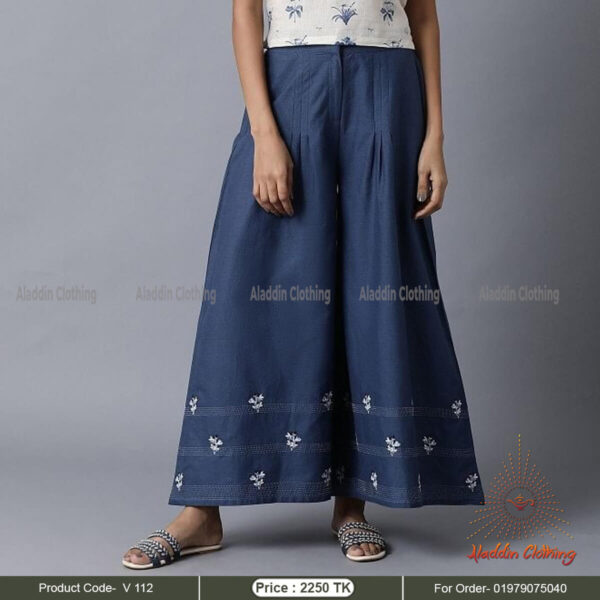 Loose fitting denim modest pant with embroidery work