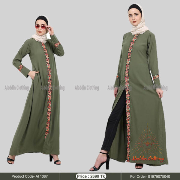 Olive color kimono abaya with embroidery work