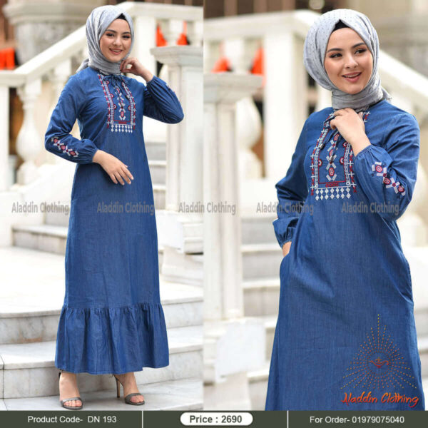 Round neck denim abaya with embroidery work