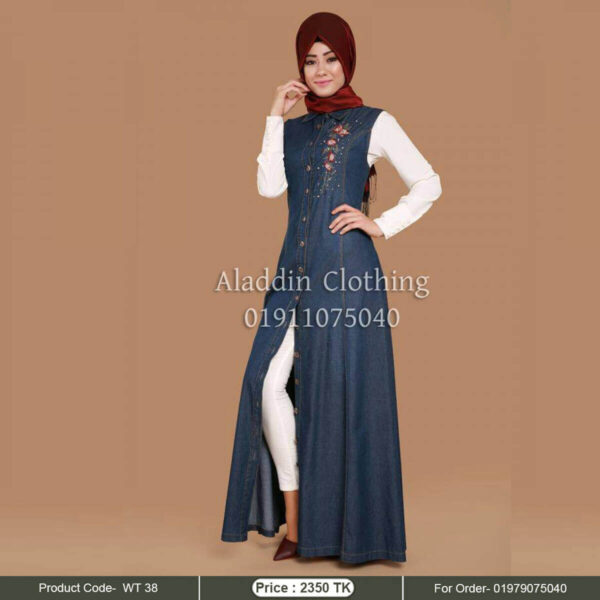 Sleeveless denim abaya with embroidery work