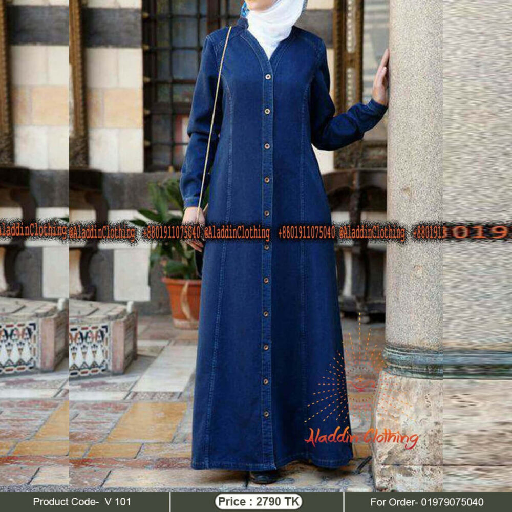 V neck denim abaya for women