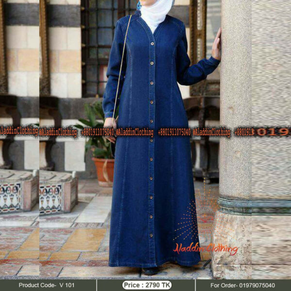 V neck denim abaya for women