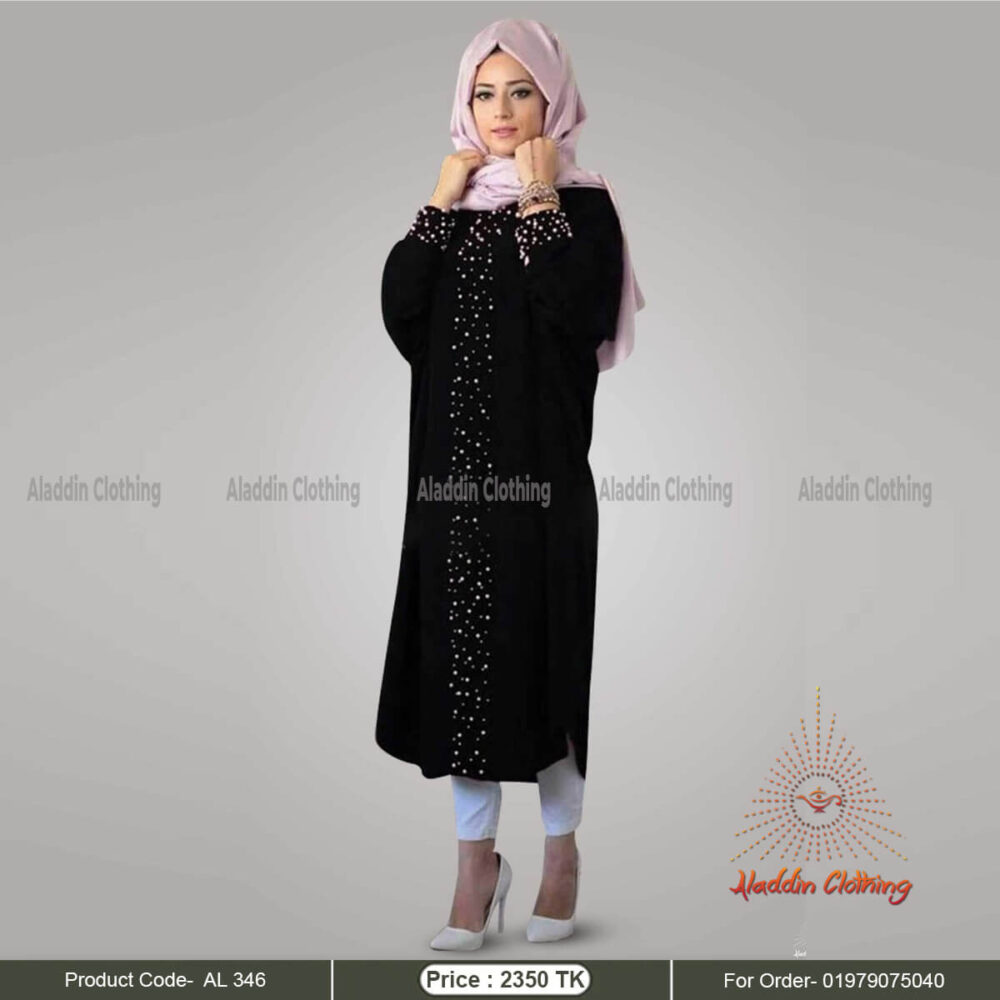 Black short abaya with pearl work