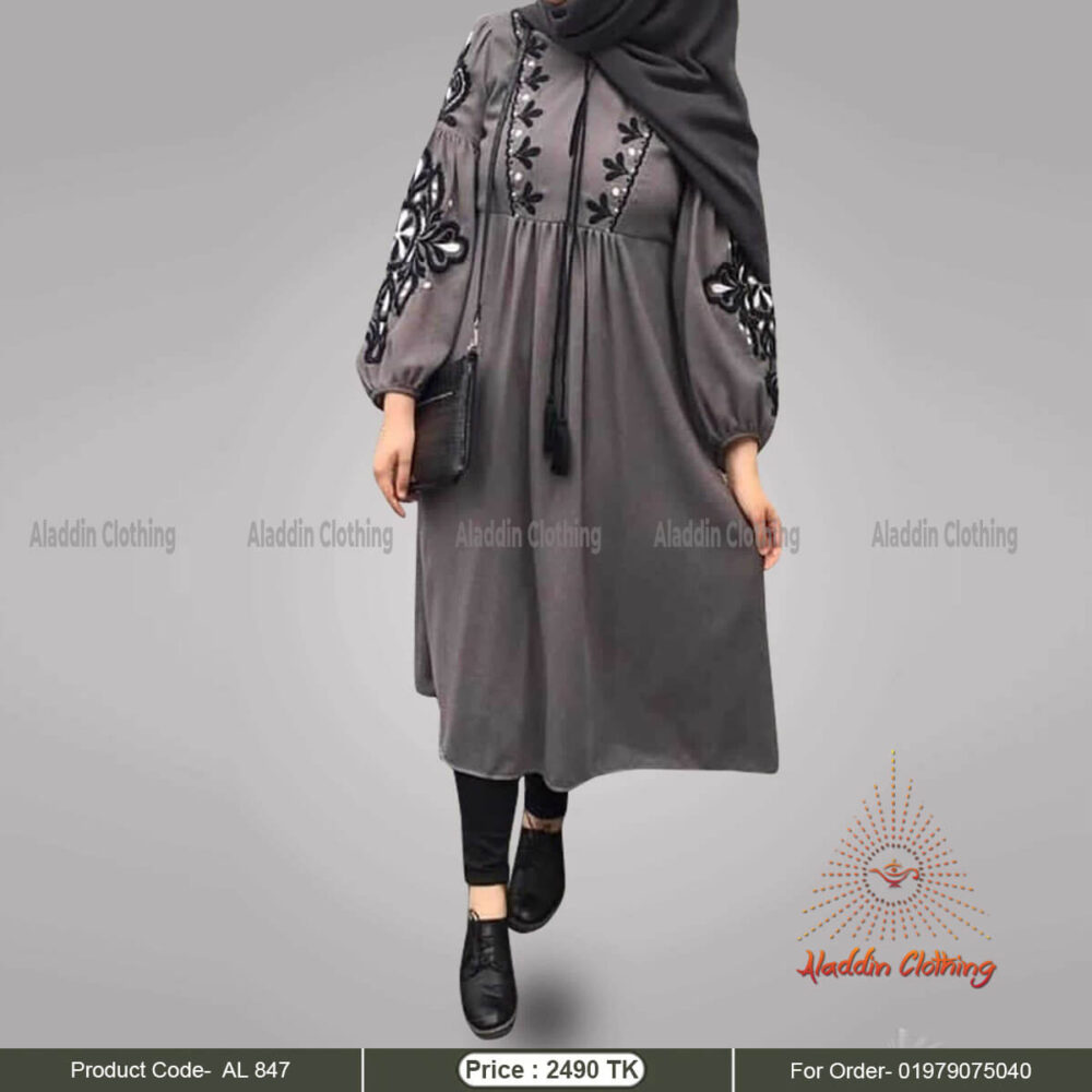 Dark ash short abaya with embroidery work