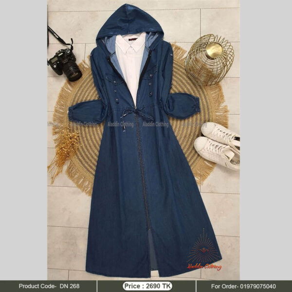 Denim long dress with hoodie for women