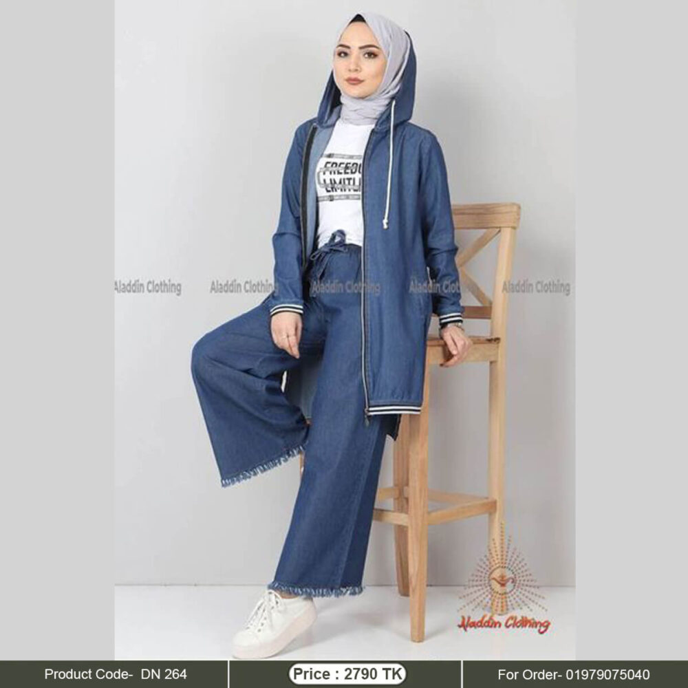 Front open denim hoodie with pant