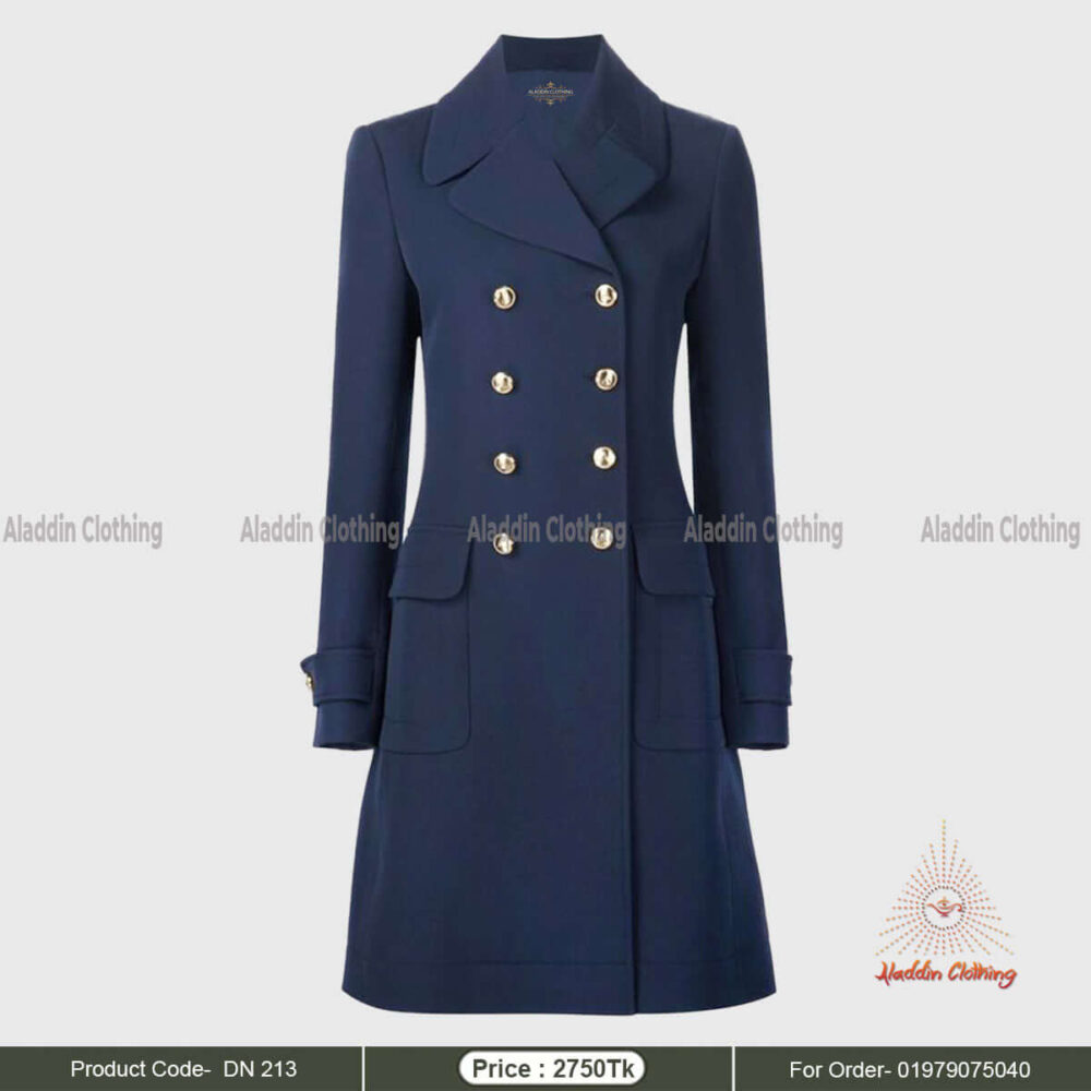 Full sleeve blue long overcoat for women