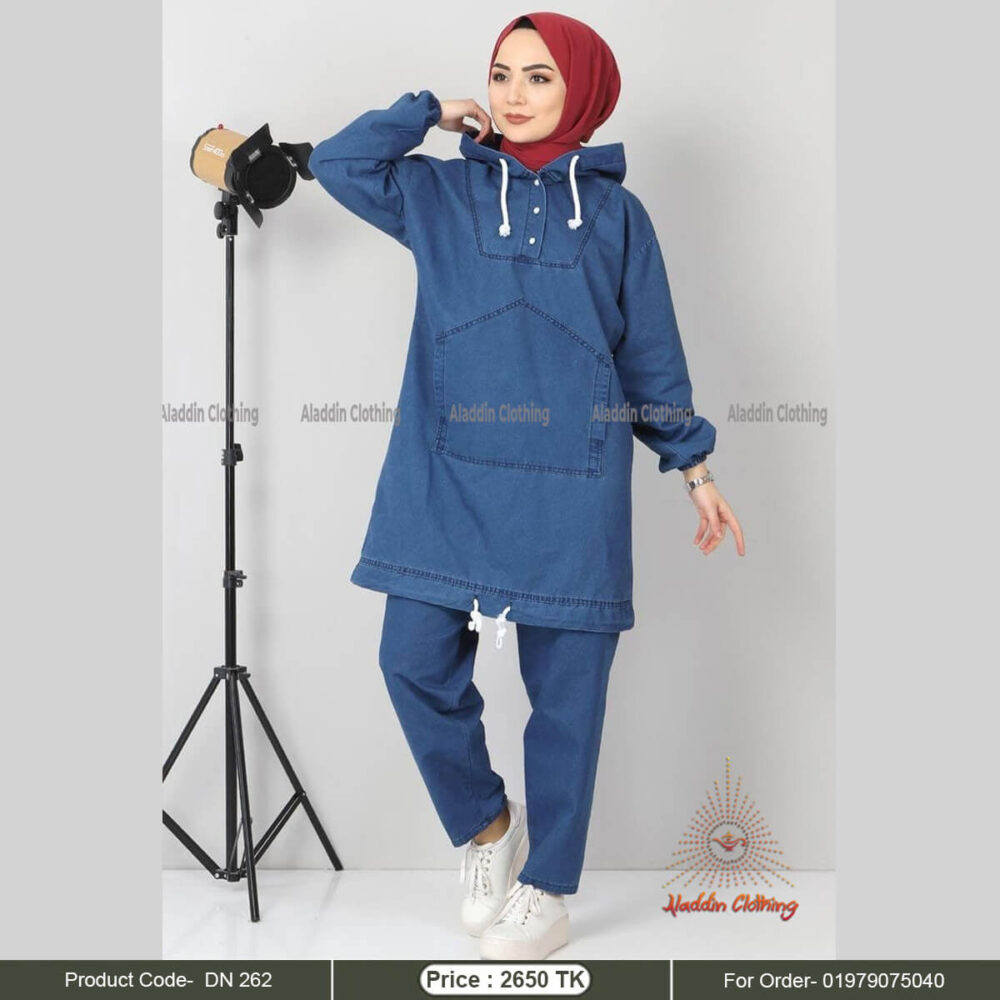 Full sleeve denim hoodie with pant