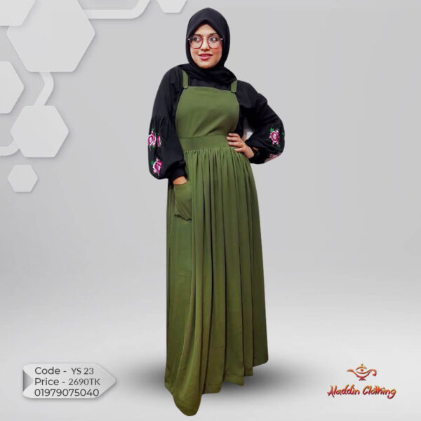 Olive modest jumpsuit with black embroidered shirt