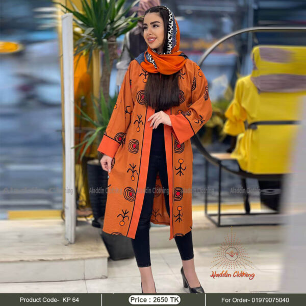 Orange short abaya with multi color embroidery work