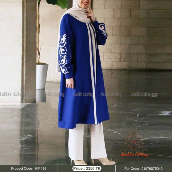 Royal blue short abaya with white embroidery work