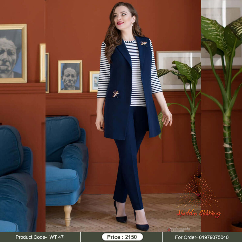 Sleeveless blue overcoat with embroidery work