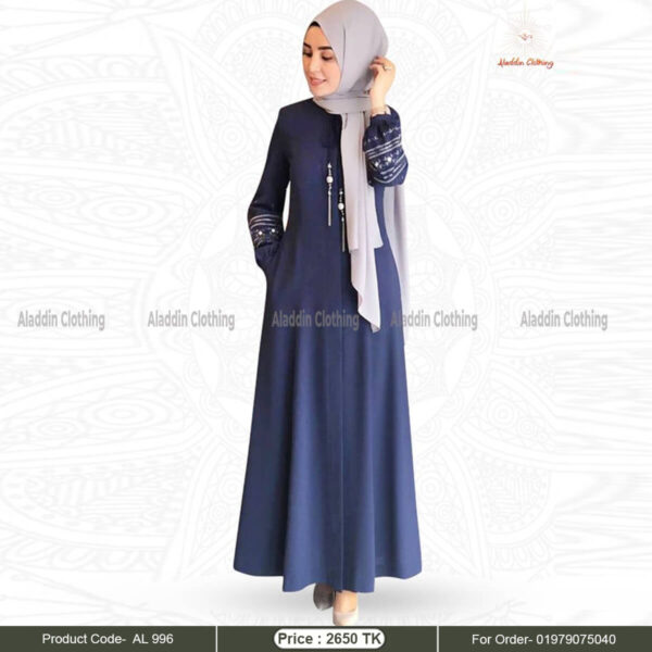 Blue simple abaya with embroidered sleeve