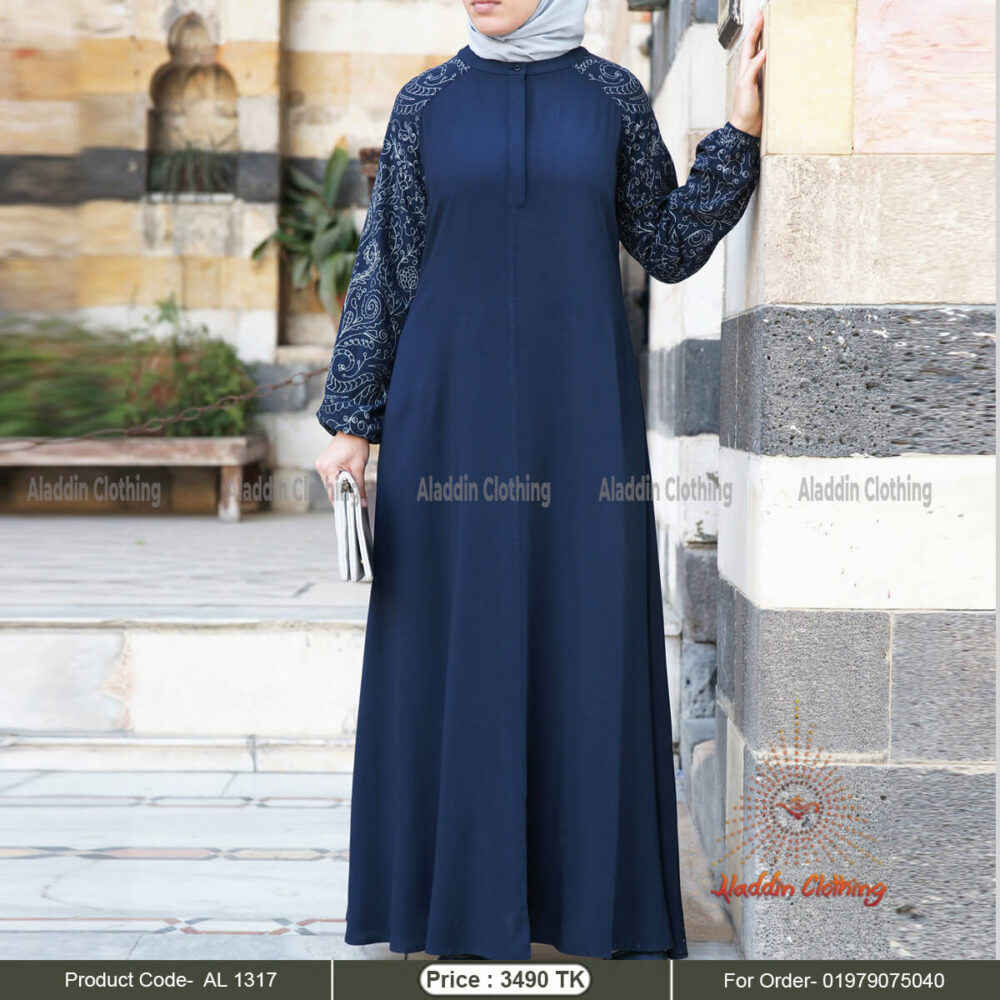 Blue simple abaya with embroidery work