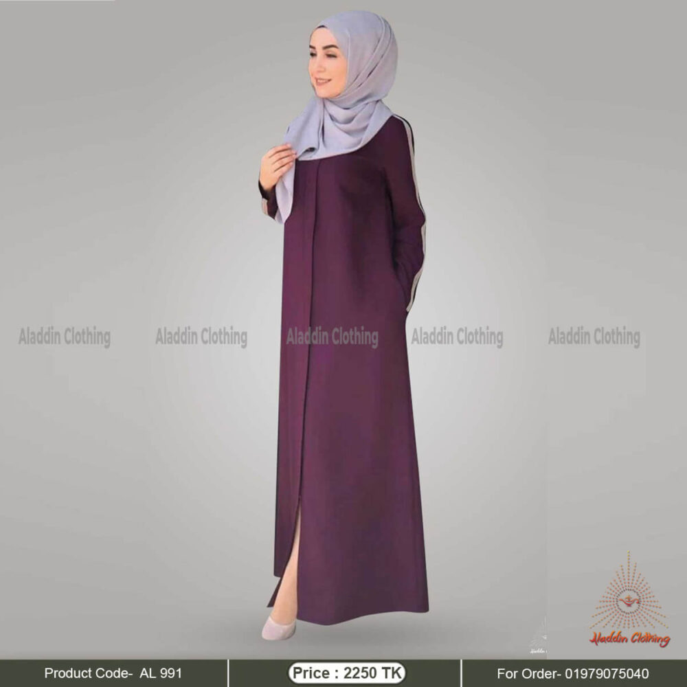 Purple front open simple abaya for women